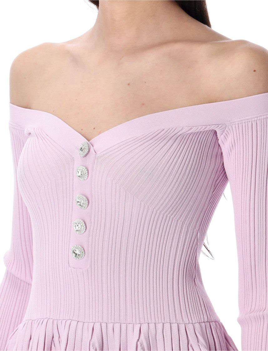 Self-Portrait Pink Ribbed Knit Off Shoulder Mini Dress
