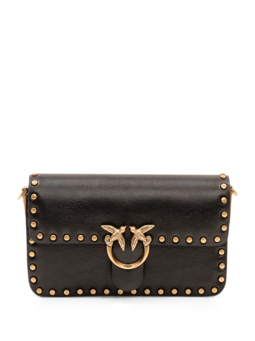 Pinko Black Rectangular Bird Clasp Studded Leather Handbag