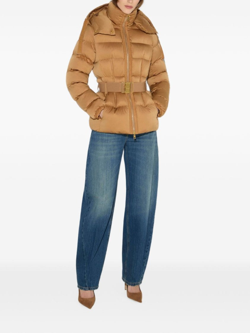 Elisabetta Franchi Voile High-Collar Belted Hooded Down Jacket