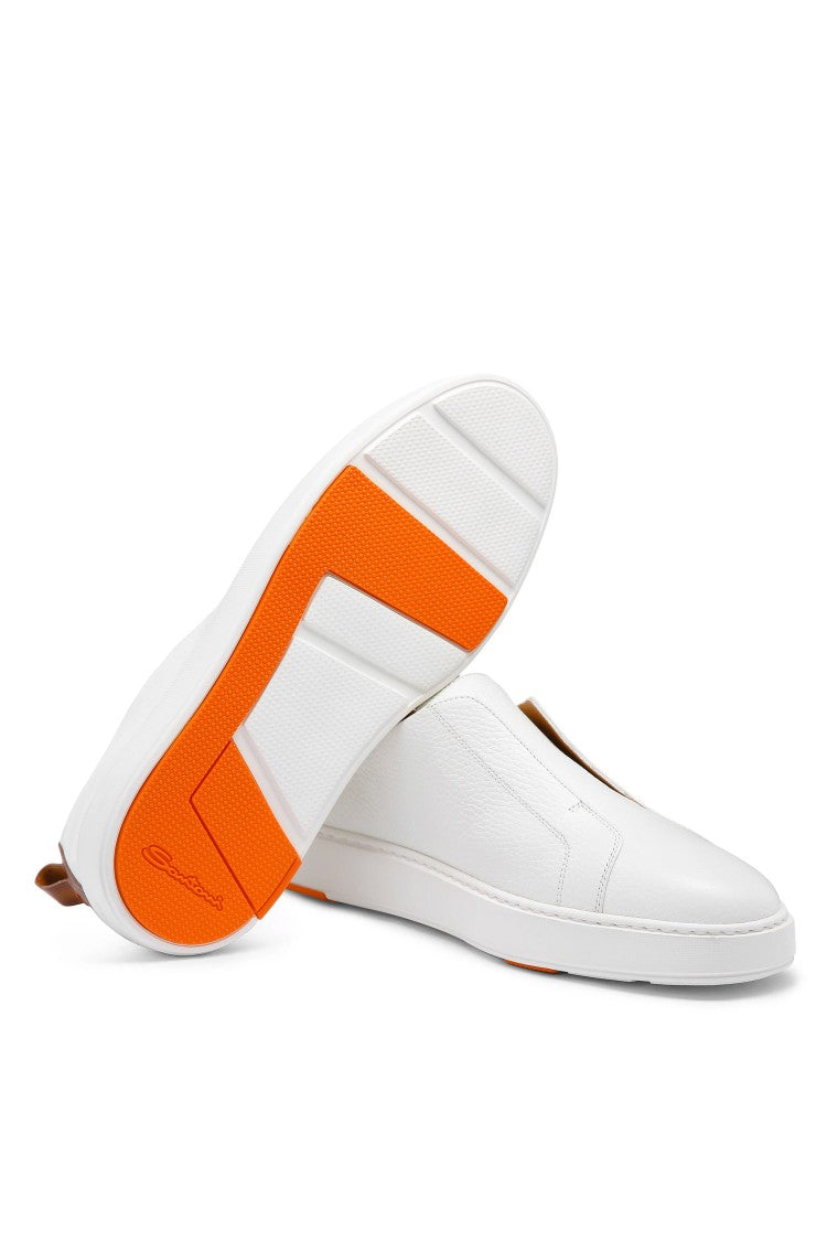 Santoni White Pebbled Leather Slip-On Sneakers