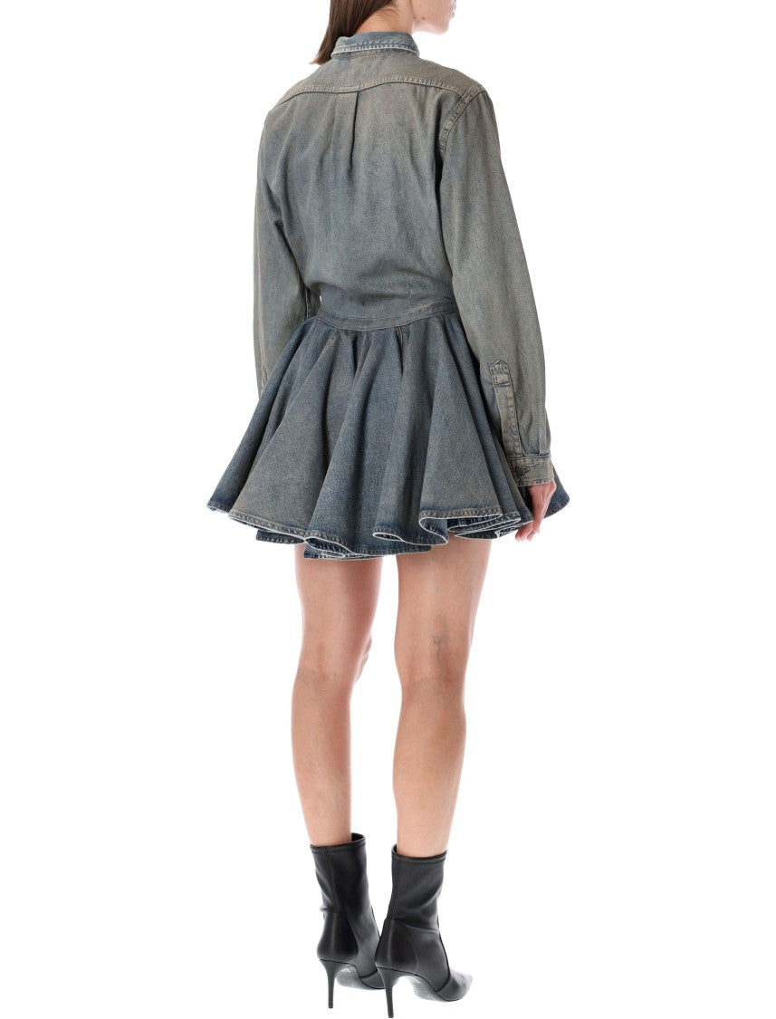 Haikure Button-Down Denim Mini Dress With Pleated Skirt And Classic Collar