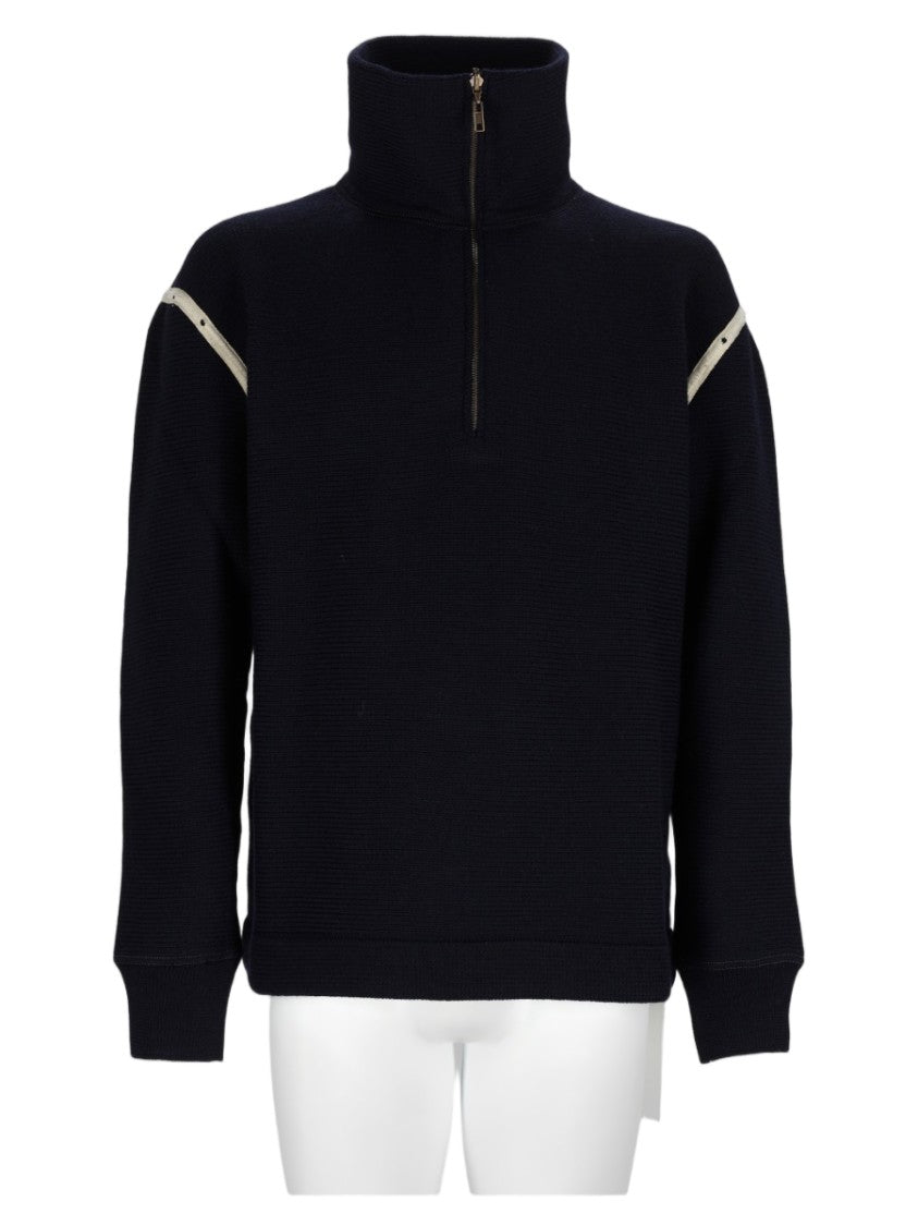 Maison Margiela Blue High-Collar Elbow Patch Wool Sweater