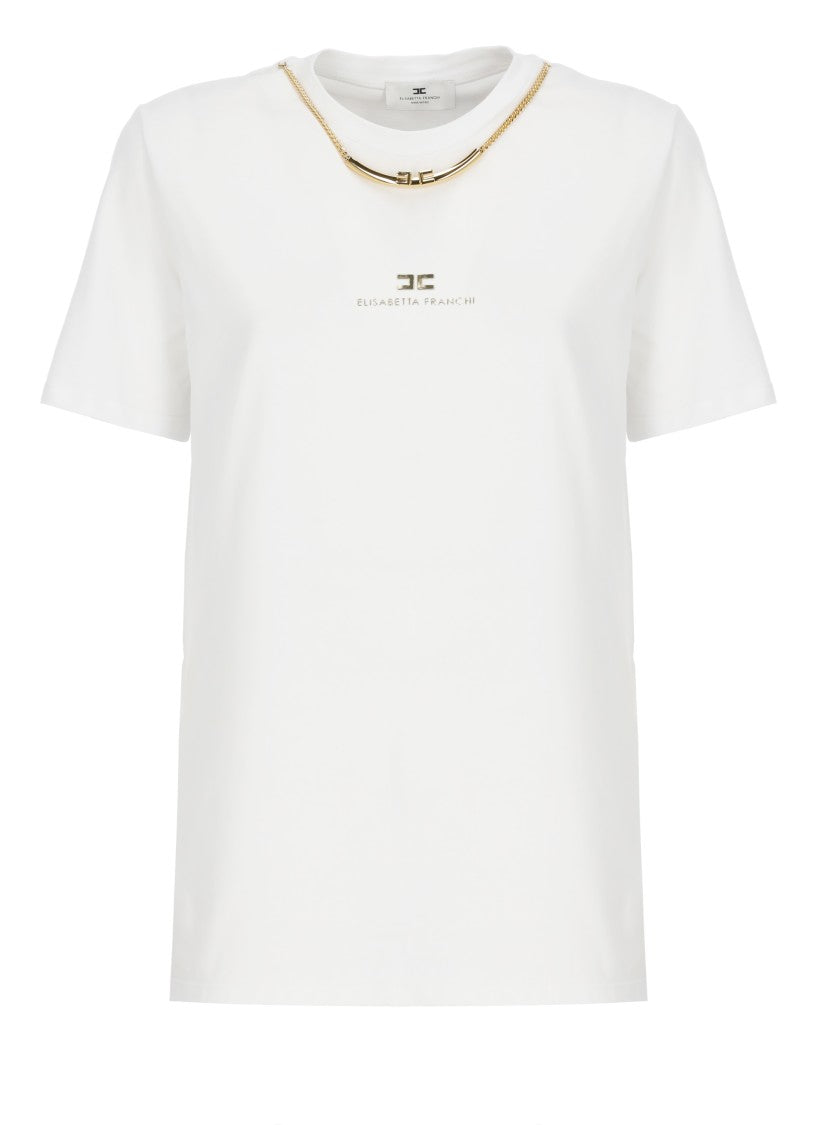 Elisabetta Franchi Cotton T-Shirt With Removable Golden Chain Detail
