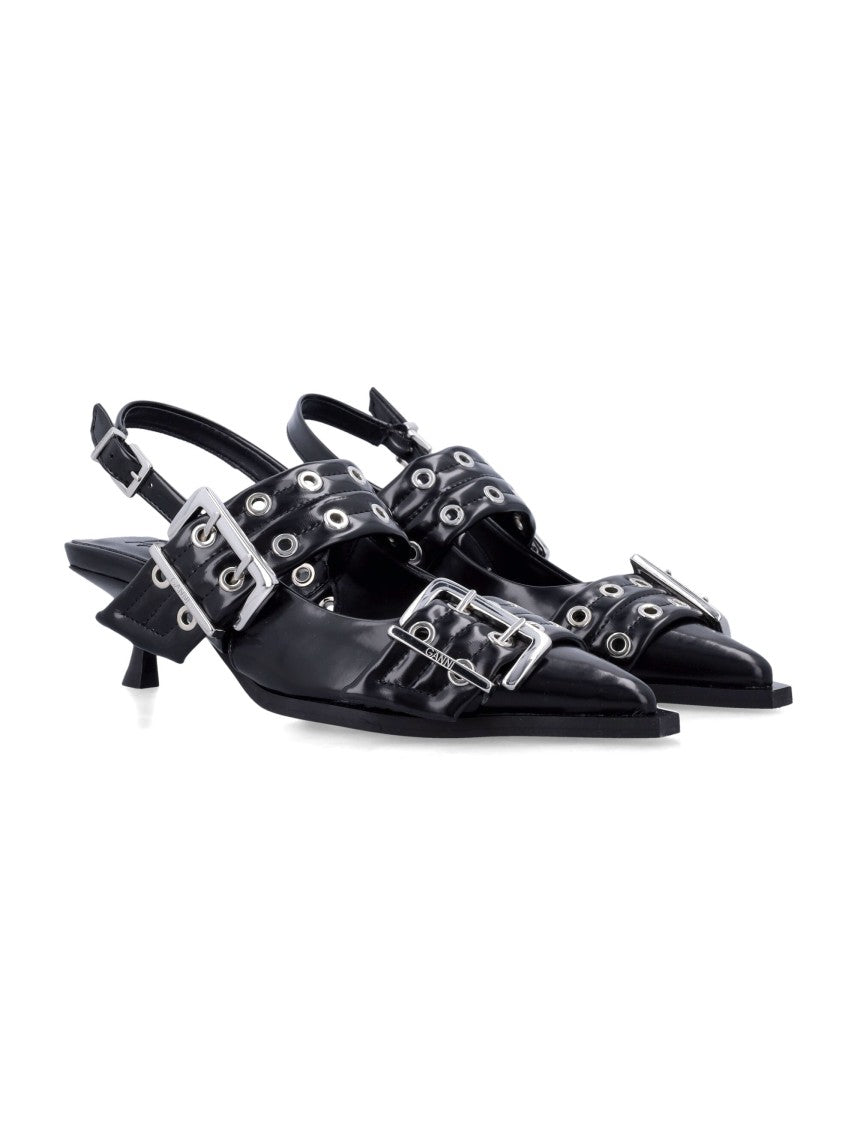 Ganni Black Buckle Kitten Heel Pumps