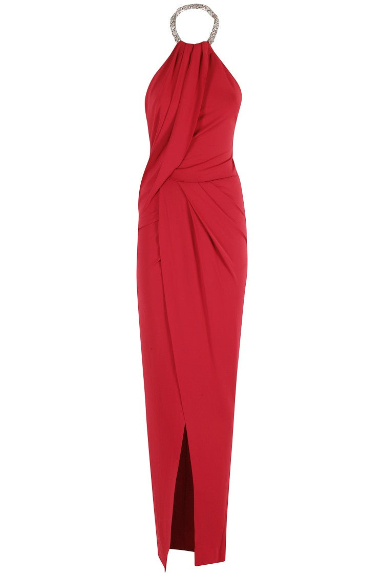 Amen Draped Red Maxi Dress With Torchón Neckline