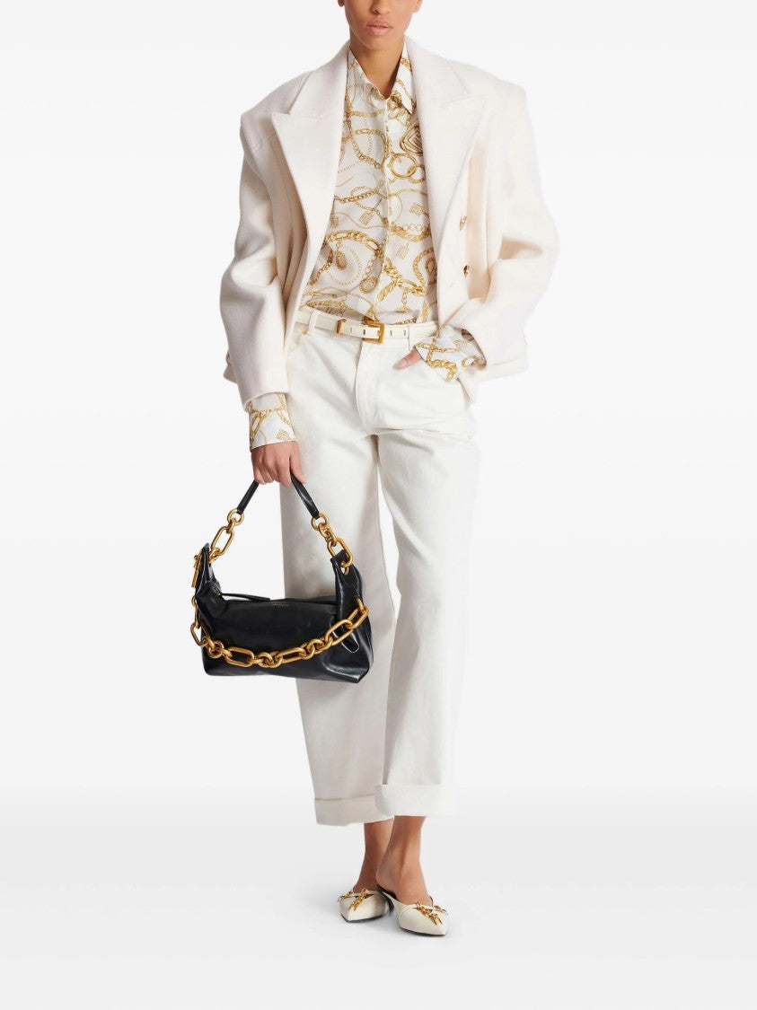 Balmain White Ls Shirt Chain Print Silk Shirt