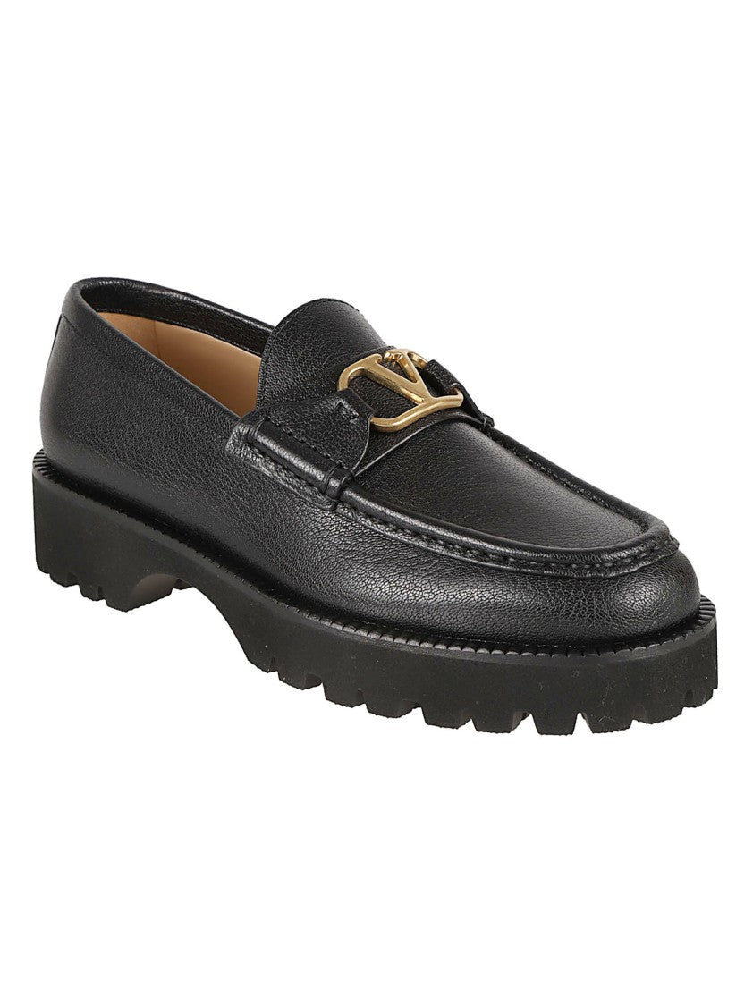 Valentino Garavani Pebbled Black Leather Flat Shoes With Gold Accent