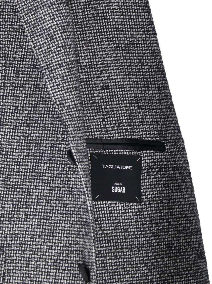 Tagliatore Textured Black And White Wool Blend Blazer With Classic Lapels