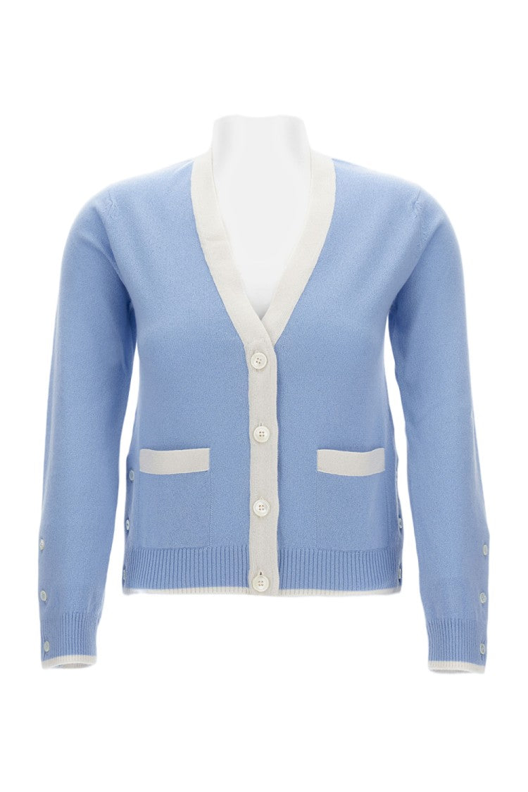 Thom Browne V-Neck Knitted Cardigan With Patch Pockets And Contrast Trim