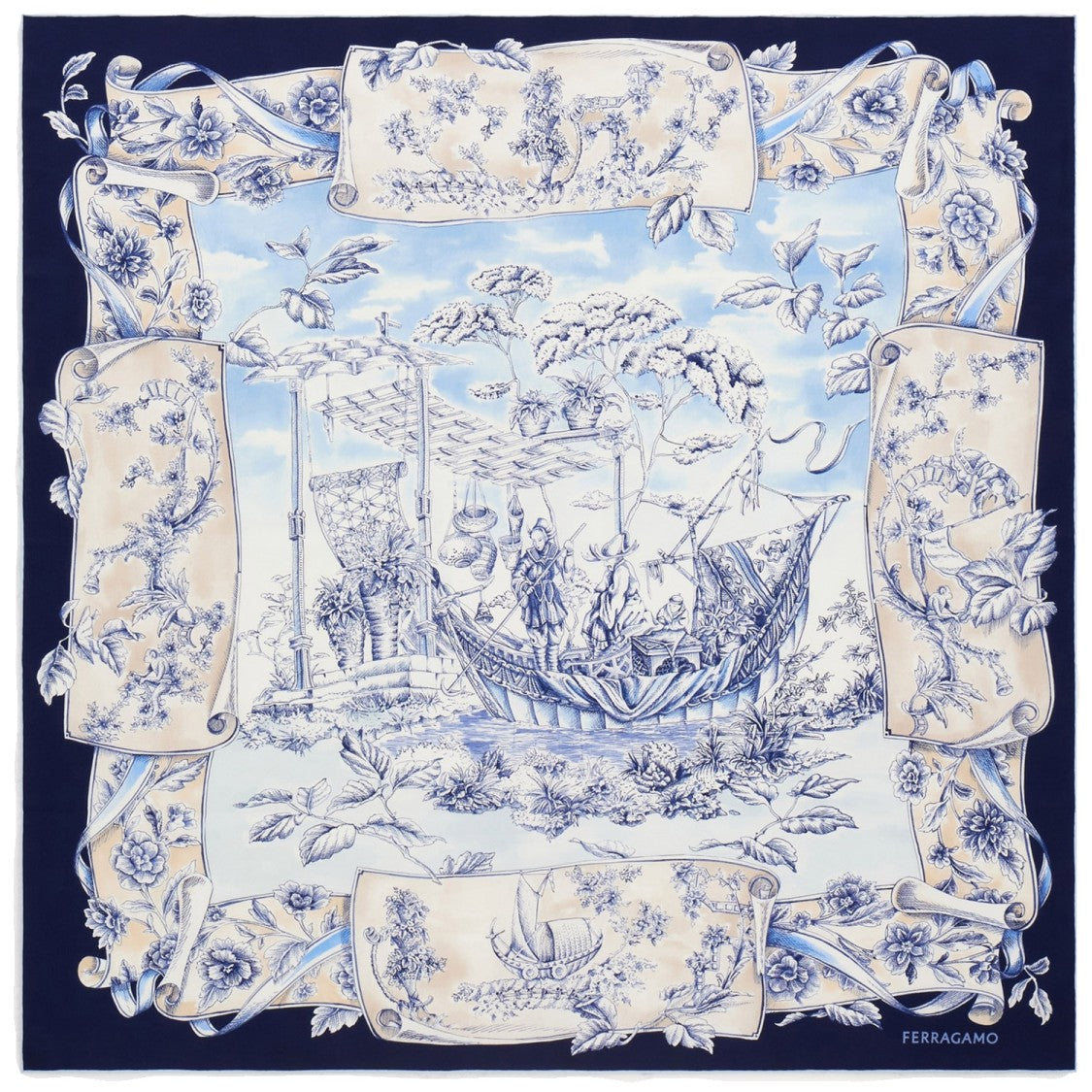Salvatore Ferragamo Blue Voyage Print Silk Scarf