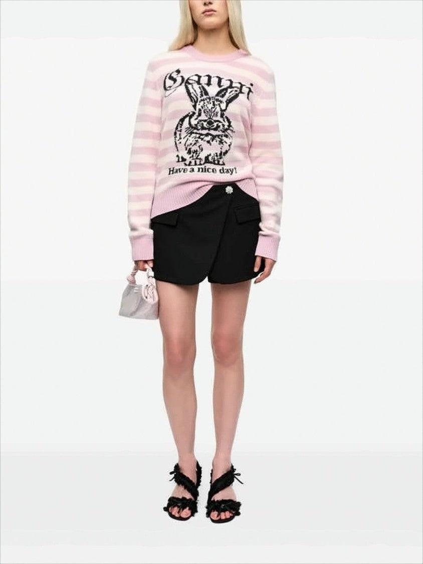 Ganni Playful Pastel Knit Sweater With Bunny Graphic