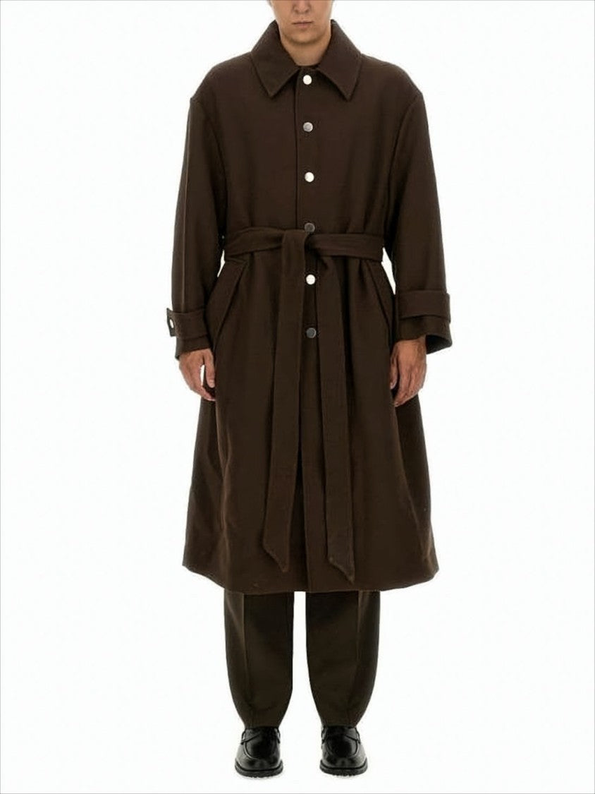 Ami Paris Structured Long Coat With Classic Collar And Belted Waist