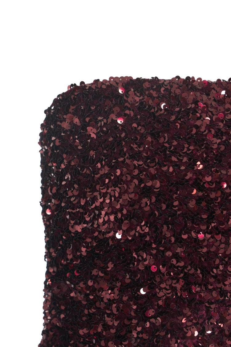 Gender Strapless Burgundy Midi Dress With Allover Sequin Detailing