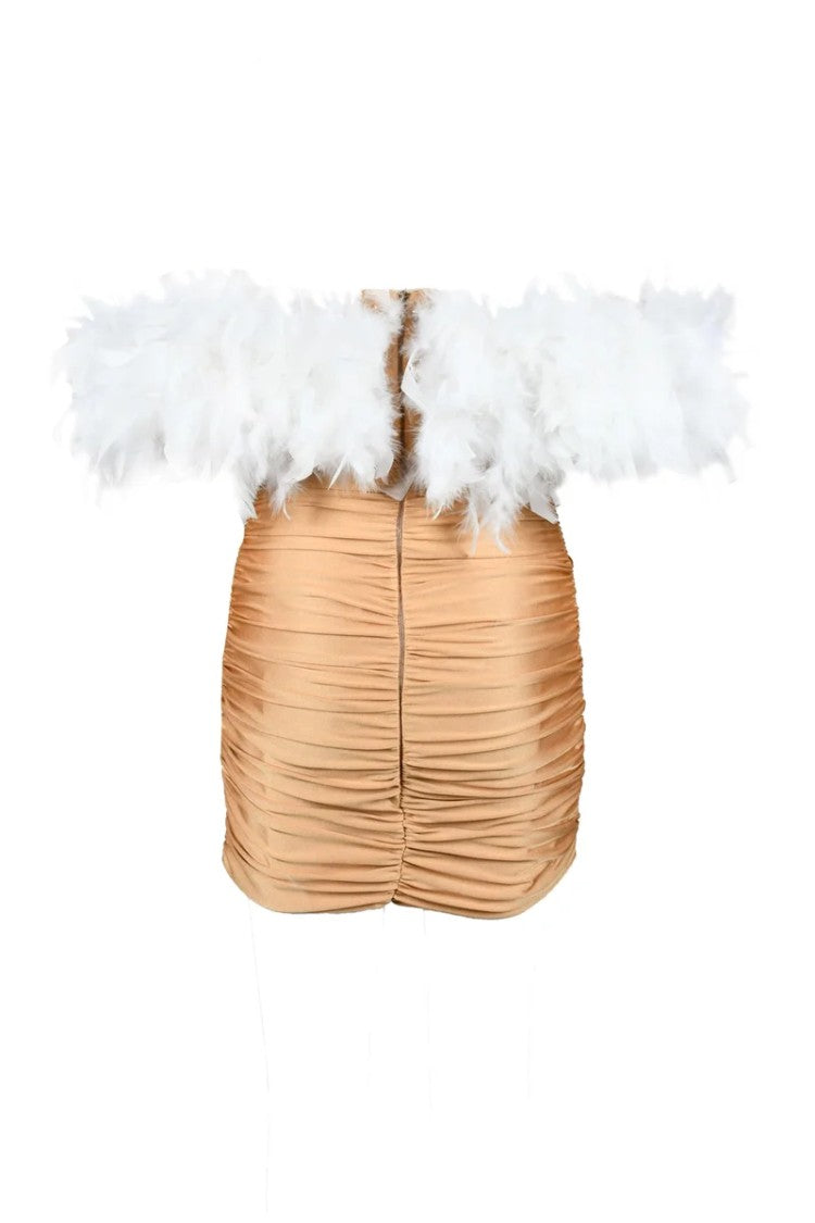 Santas* Beige Strapless Polyester Feather Dress