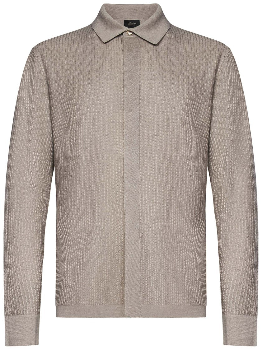 Brioni Beige Cashmere-Silk Jacquard Shirt With Striped Texture