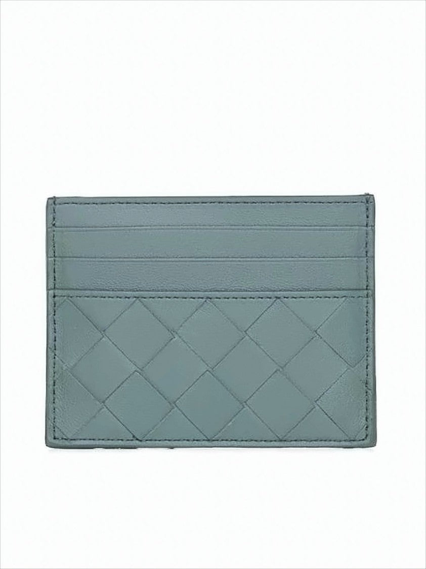 Bottega Veneta Woven Grey Lambskin Card Wallet With Calfskin Lining