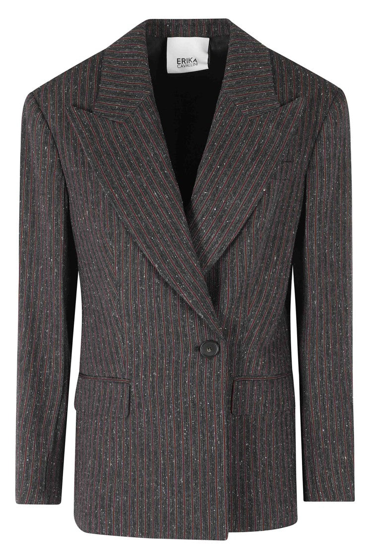 Erika Cavallini Gray Red Pinstripe Fiore Double-Breasted Wool-Blend Blazer