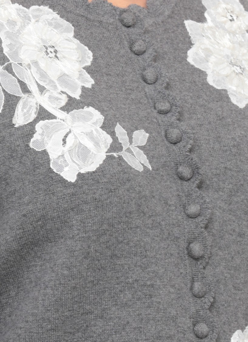 Self-Portrait Cropped Knit Cardigan With Floral Appliqués And Padded Shoulders
