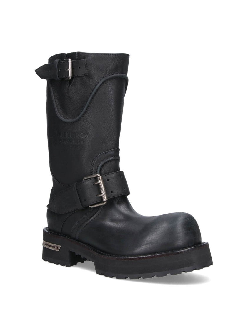 Balenciaga Venom Mid-Calf Boots With Adjustable Silver Buckles And Embossed Logo