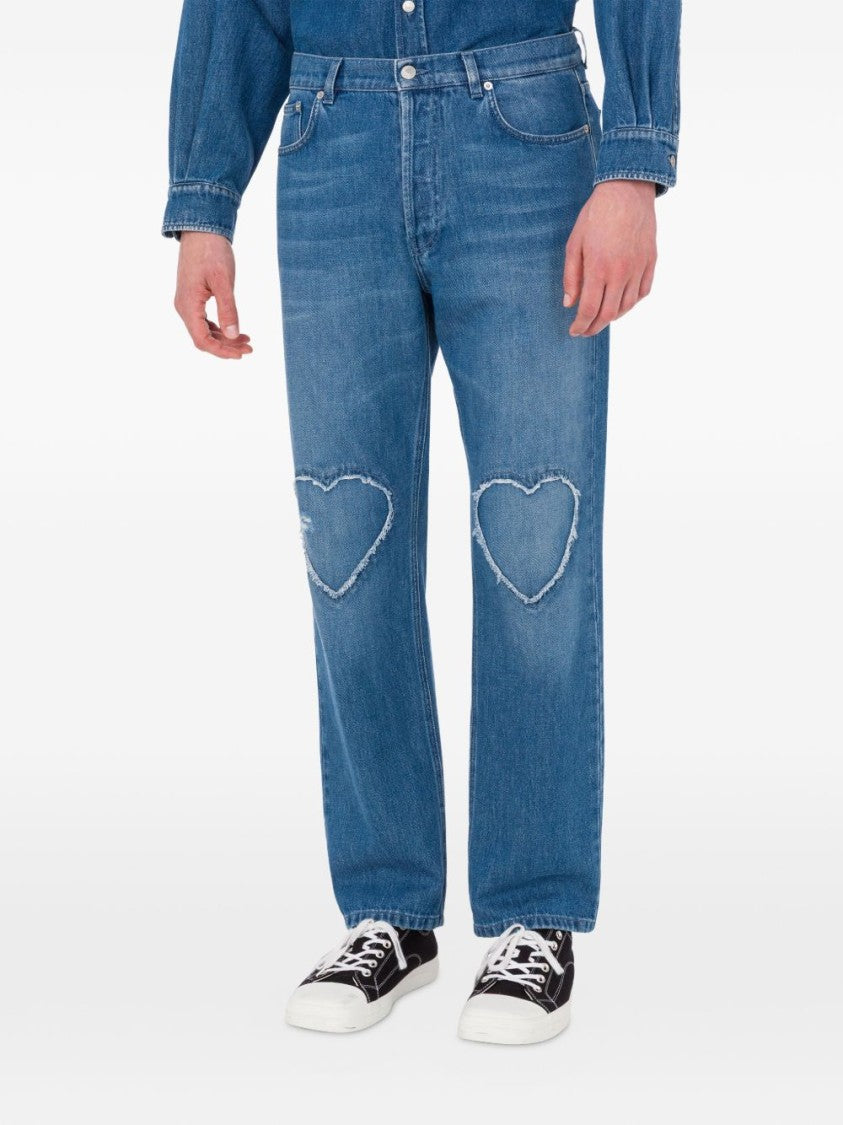 Moschino Straight-Leg Jeans With Frayed Heart-Shaped Patches