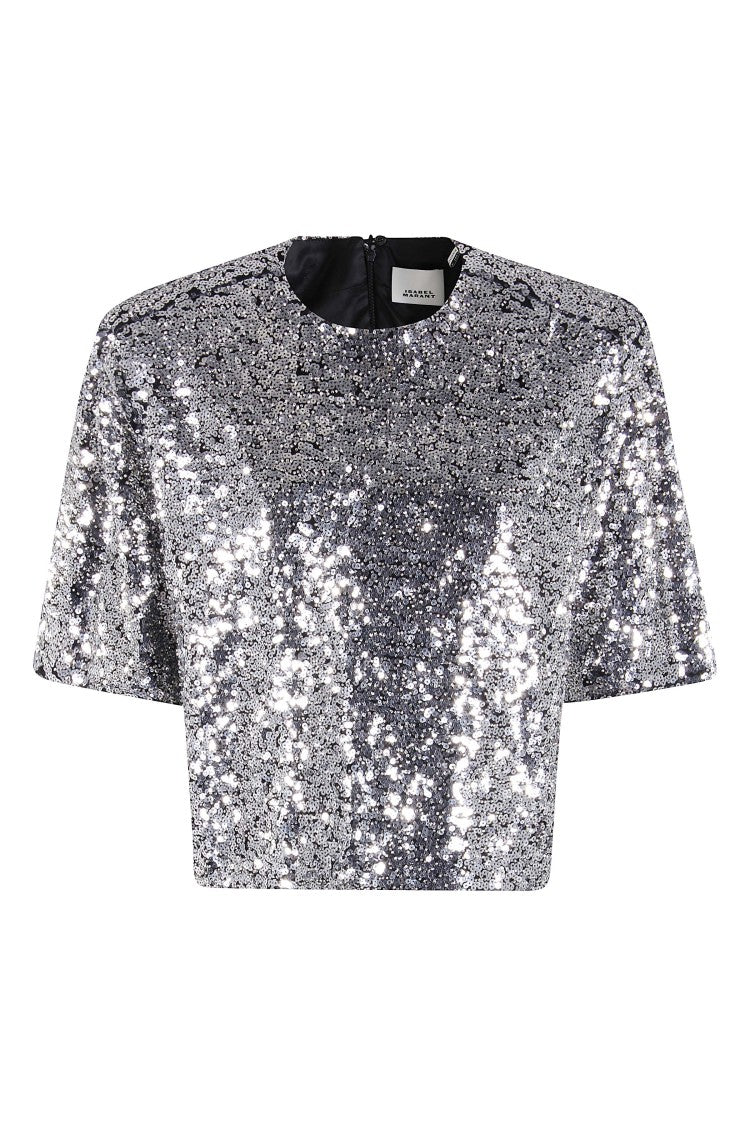 Isabel Marant Shimmering Silver Sequin Blouse With Structured Shoulders