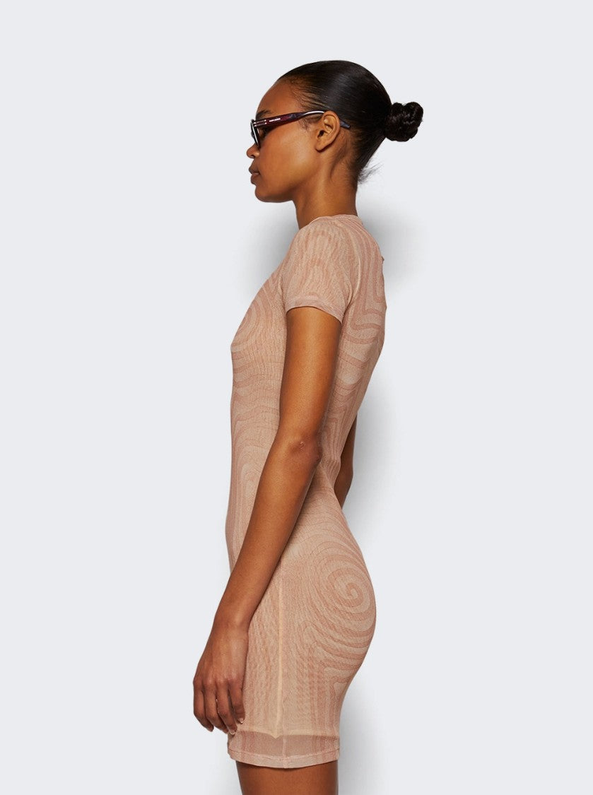 Jean Paul Gaultier Sheer Mesh Spiral Print Dress Pale Pink