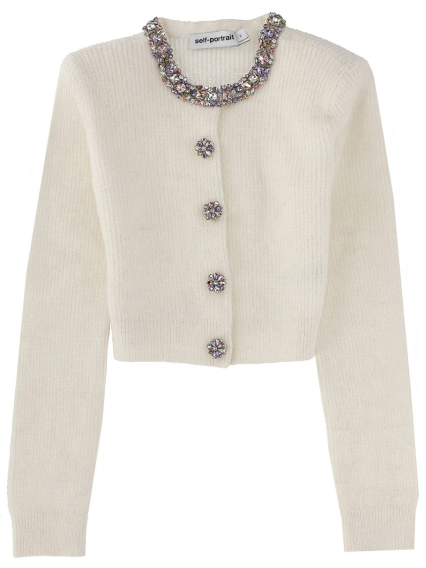 Self-Portrait Black Polyester-Blend Diamanté Ribbed Cardigan