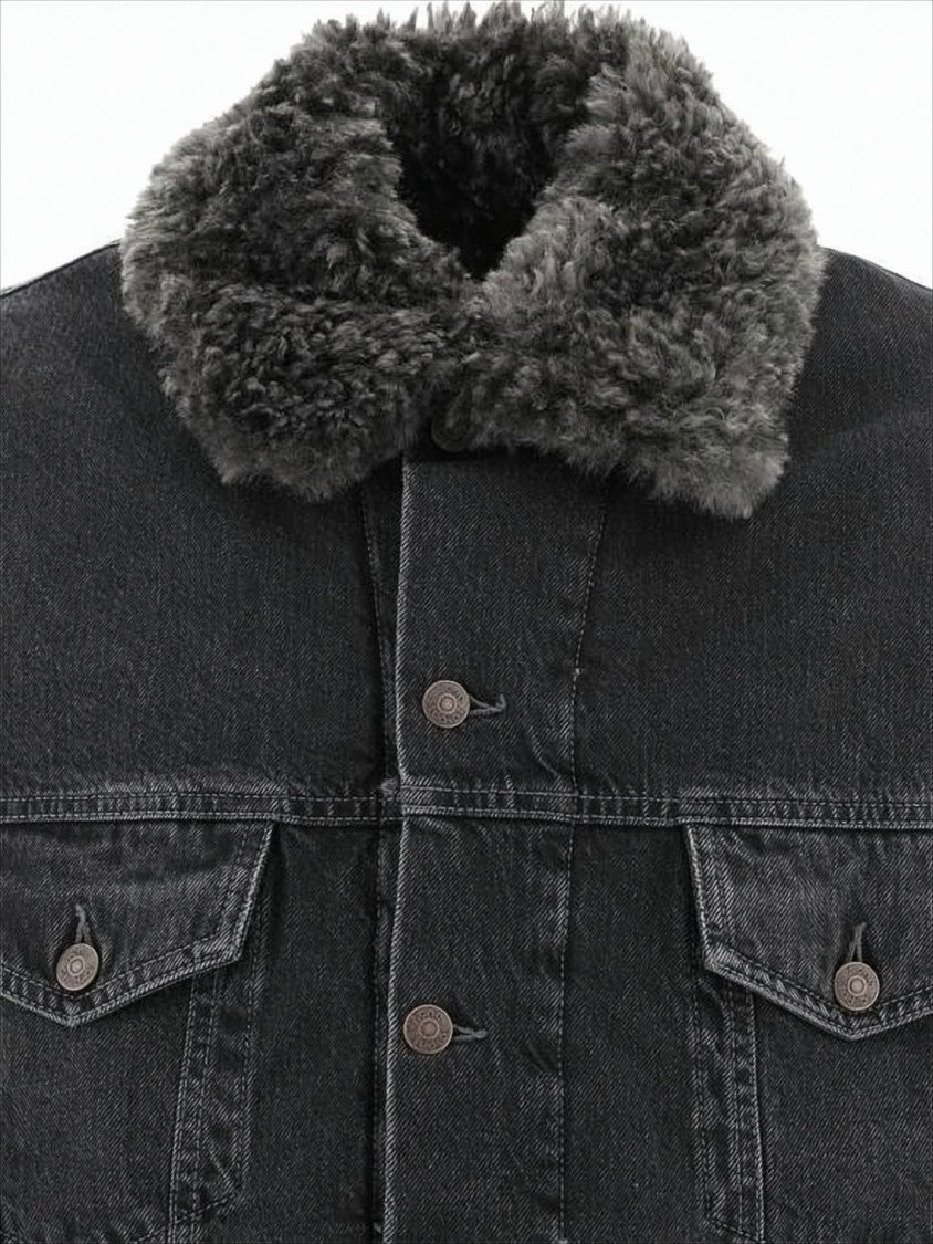 Acne Studios Washed Black Denim Jacket With Plush Collar And Tailored Fit