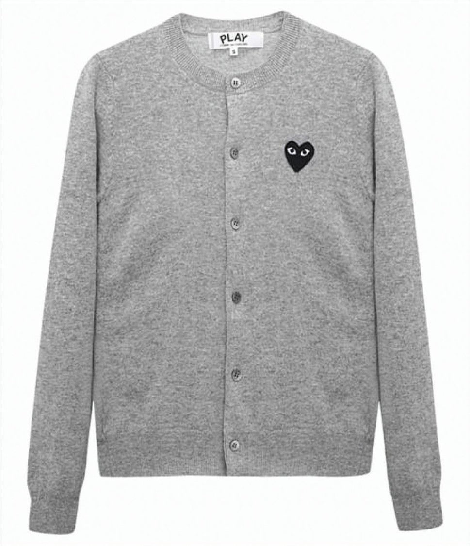 Comme Des Garçons Heather Grey Wool Cardigan With Iconic Heart Emblem