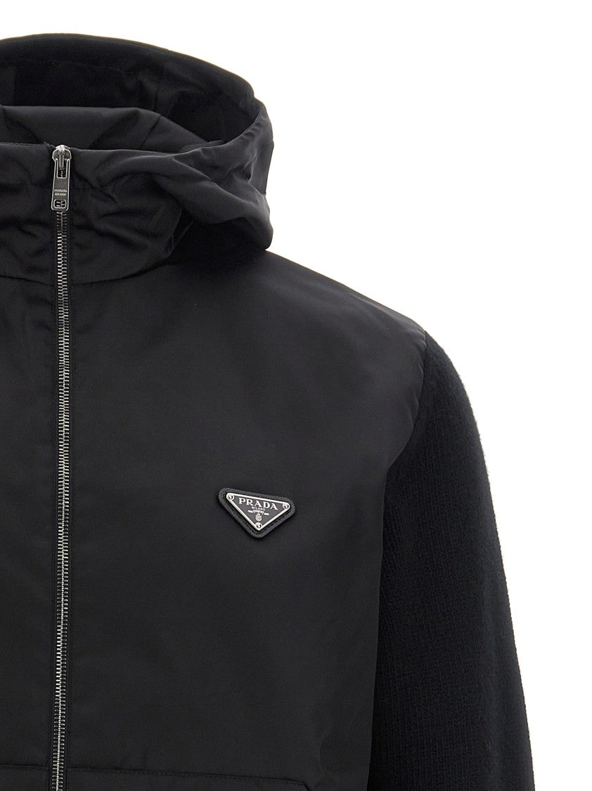 Prada Logo Bimaterial Cardigan