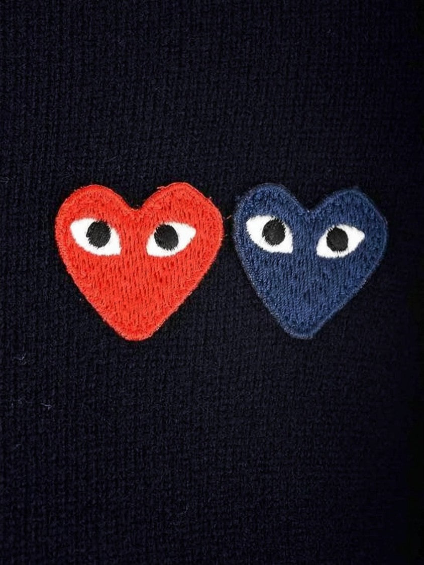 Comme Des Garçons Button-Up Black Wool Cardigan With Embroidered Heart Motifs