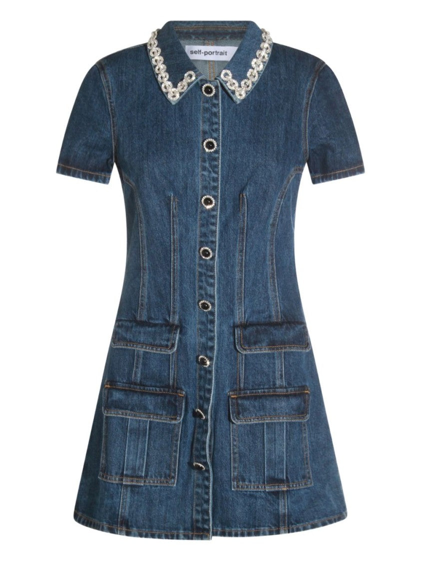 Self-Portrait Fitted Denim Dress With Flared Skirt