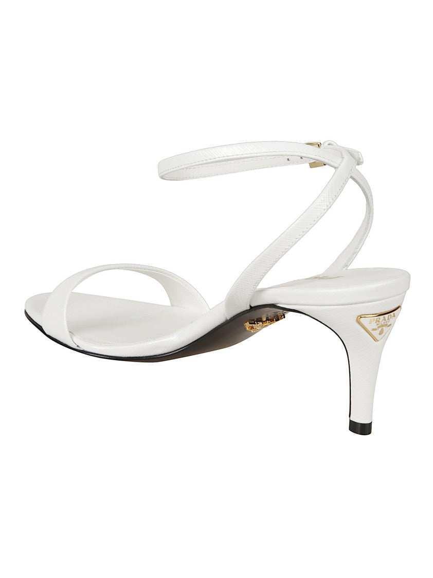 Prada Minimalist White Sandals With Slim Ankle Strap And Metallic Detail