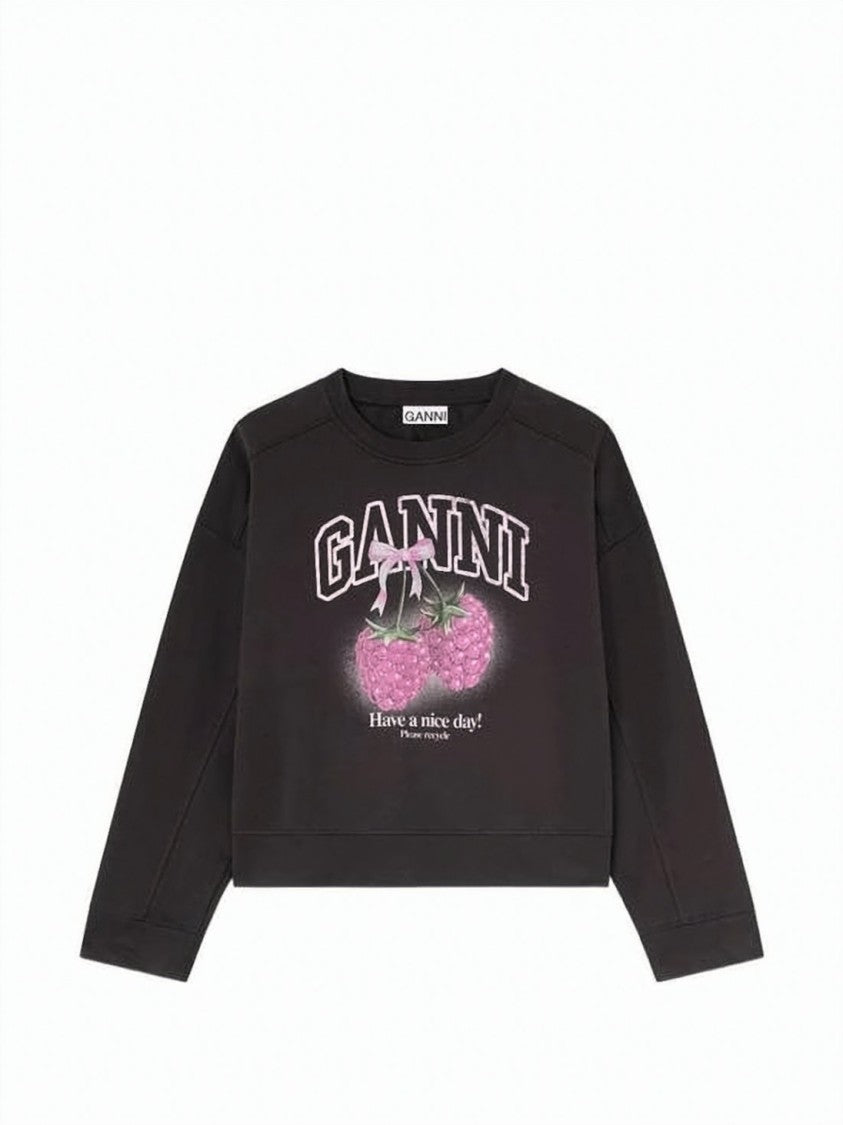 Ganni Cropped Long-Sleeve Top With Raspberry Graphic