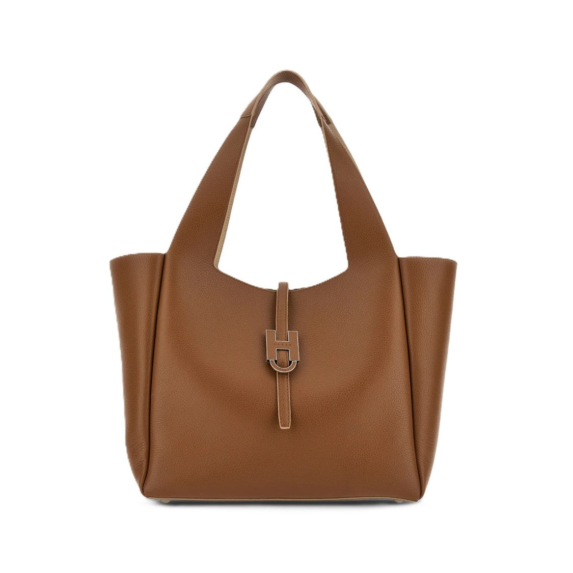 Hogan Brown Metallic Buckle Structured Tote Bag