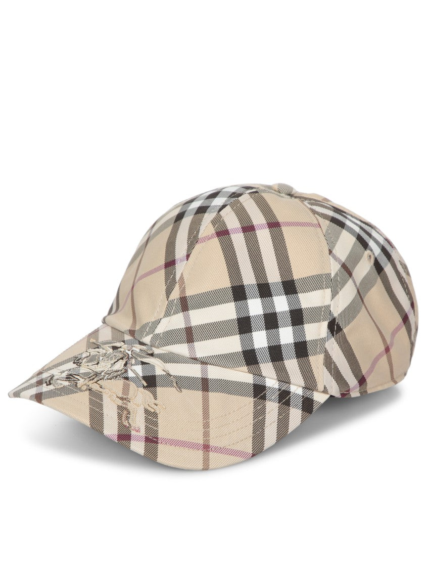 Burberry Beige Check Pattern Cap With Embroidered Logo