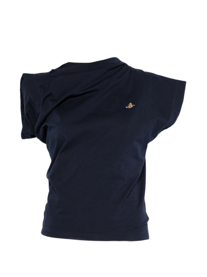 Vivienne Westwood Deep Navy Asymmetrical Draped Top With Embroidered Emblem