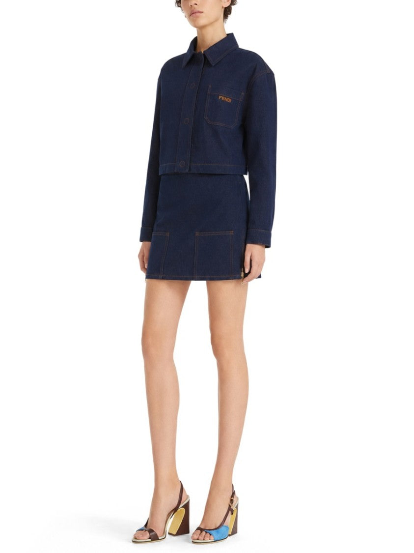 Fendi Mini Denim Skirt With Contrast Stitching And Leather Patch