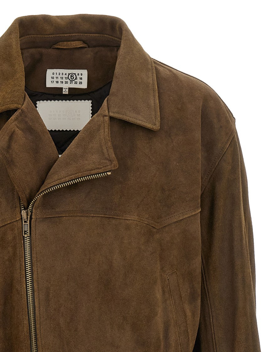 Mm6 By Maison Margiela Aged Effect Suede Biker Jacket With Asymmetrical Zip And Quilted Lining