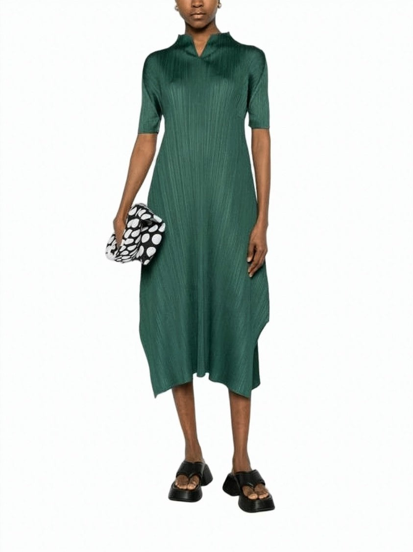 Pleats Please Asymmetrical Midi Dress With Pleated Texture And V-Neckline