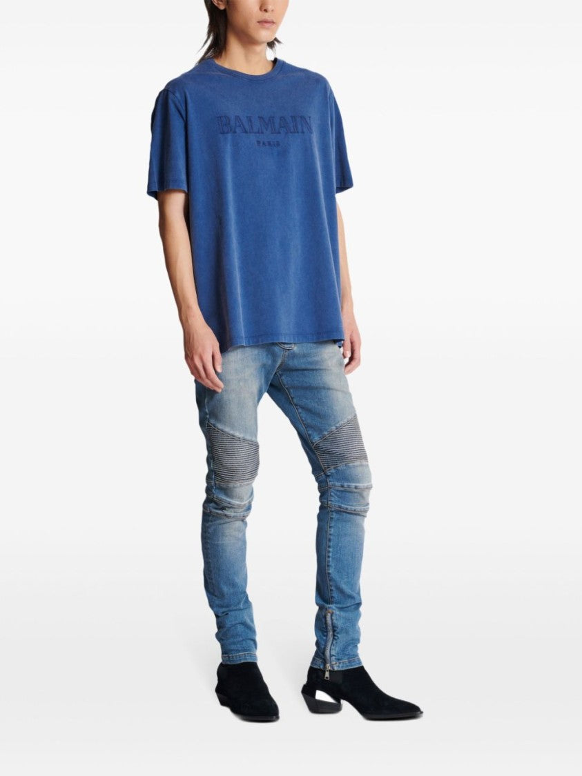 Balmain Navy Blue Cotton Tonal Logo T-Shirt