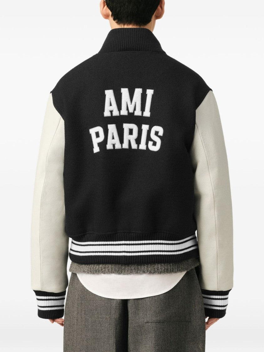 Ami Paris Varsity Style Black Jacket With Contrasting Sleeves