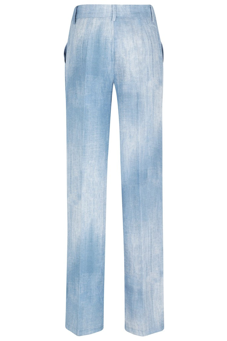Ermanno Firenze Light Blue Denim Print Viscose-Blend Straight-Leg Pants