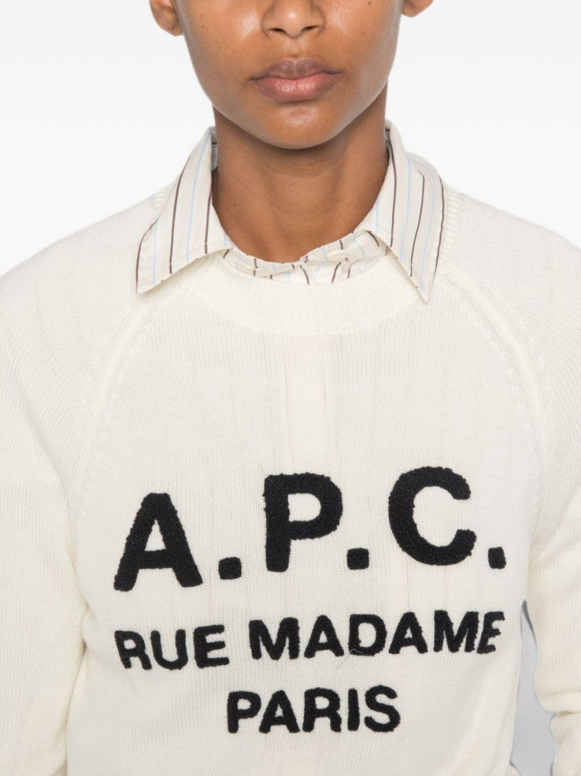 A.P.C. White Cropped Virgin Wool Textured Logo Sweater