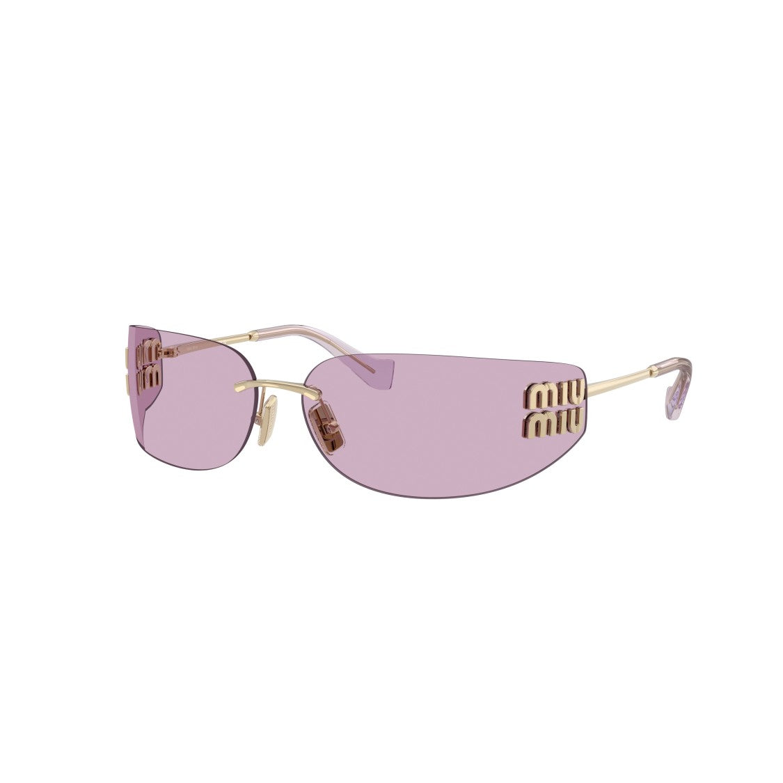 Miu Miu Rimless Sunglasses With Rectangular Purple Lenses And Gold Accents
