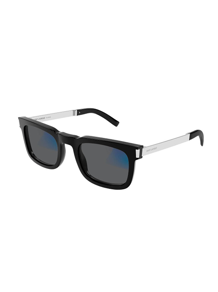 Saint Laurent Bold Rectangular Black Acetate Sunglasses With Silver Accents