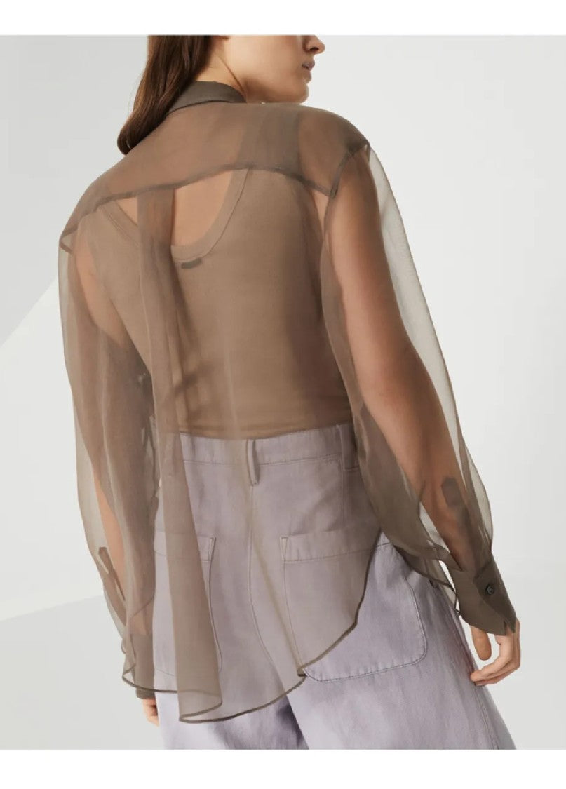 Brunello Cucinelli Long-Sleeve Sheer Shirt With Embroidered Leaf Design