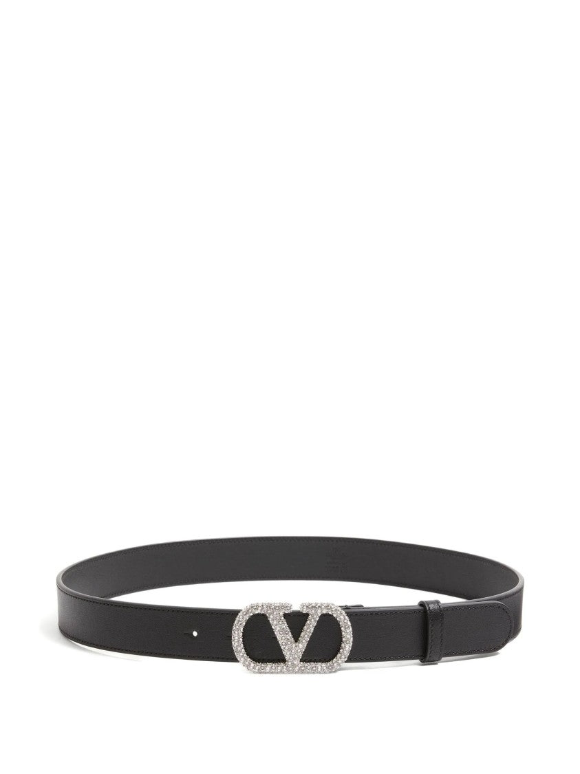 Valentino Black Vlogo Signature Crystal Buckle Belt