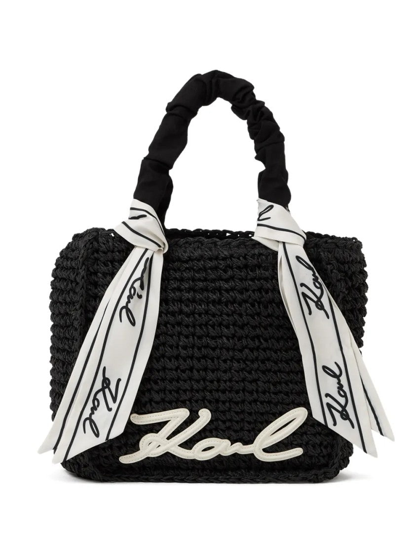 Karl Lagerfeld Woven Handbag With Ruched Handle And Signature Detail