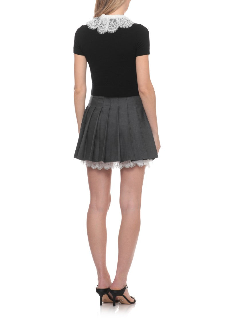 Self-Portrait Black Knit Lace Collar Short-Sleeved Top